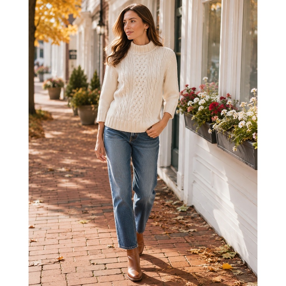 Beth Bowley Womens Cream Cable Knit Mock Neck 3/4 Sleeve Cotton Blend Sweater L